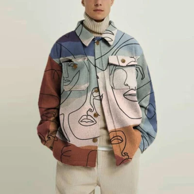 Jaqueta casual estampada digital geométrica Padrão casaco de lapela com peito único para homens