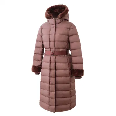 Moda clássica jaqueta feminina inverno real para baixo casaco/popular macio pele sintética com capuz jaqueta com cinto manga à prova de vento manguito